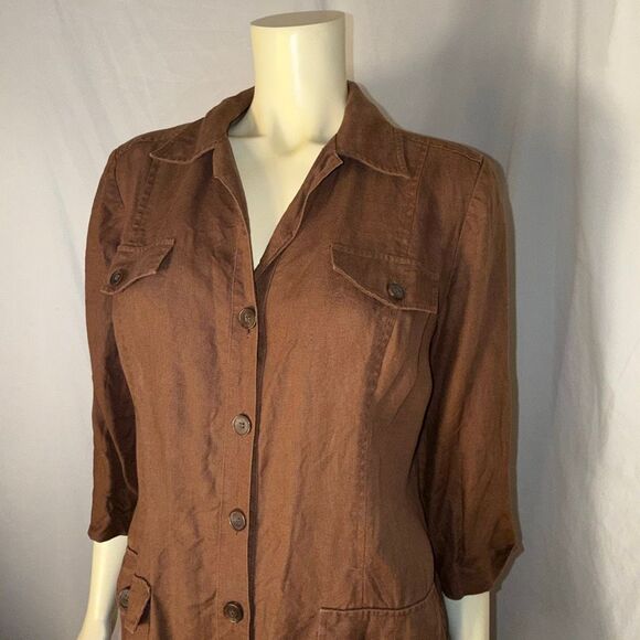 Vintage Maggy Linen Button-Front Utility Shirt Dress/Duster – Chestnut Brown, Si - Picture 4 of 13